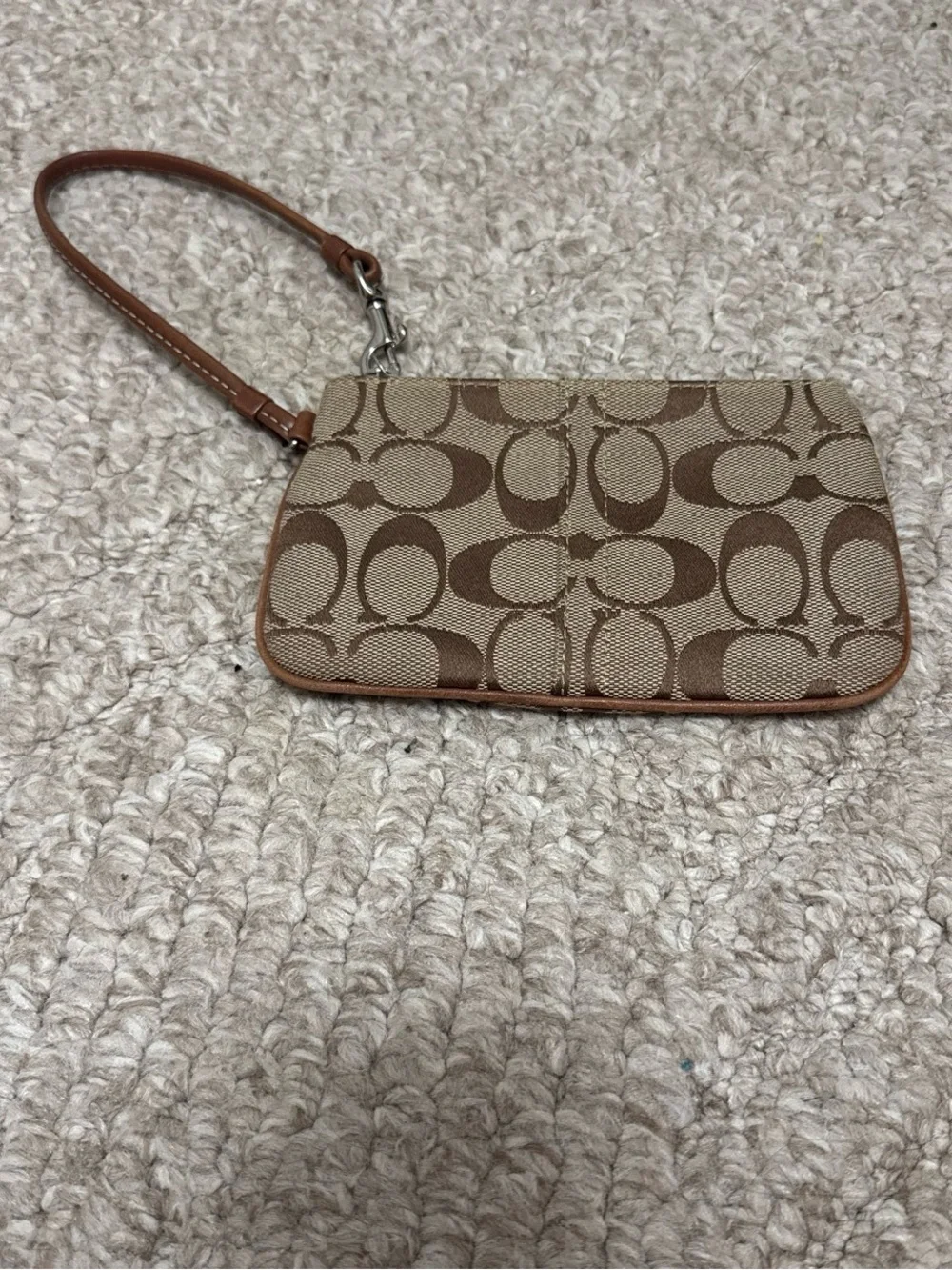 Coach Signature Canvas Wristlet Wallet Pouch Khaki Brown Zip Clutch EUC